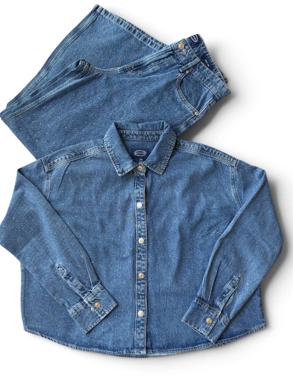 Bling Embellished Denim Set Cropped Shirt Jacket & Jeans, Sz 6